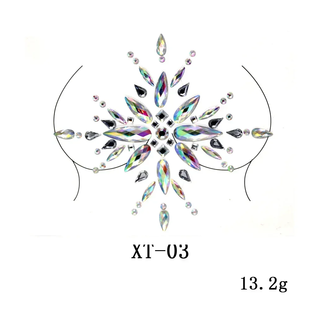 وشم نسائي مؤقت ، مجوهرات مزيفة للصدر ، ماس كريستال ، حجر راين أكريليك ، ملصقات وجه سهلة الاستخدام ، وجه