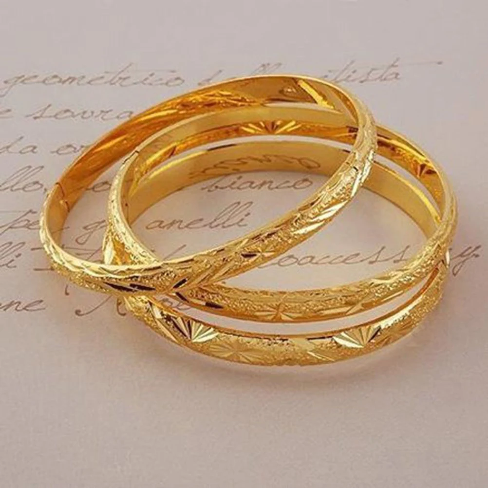 

3 Pcs Carved Bracelets Women Cuff Bangle Sterling Silver Gold Plated