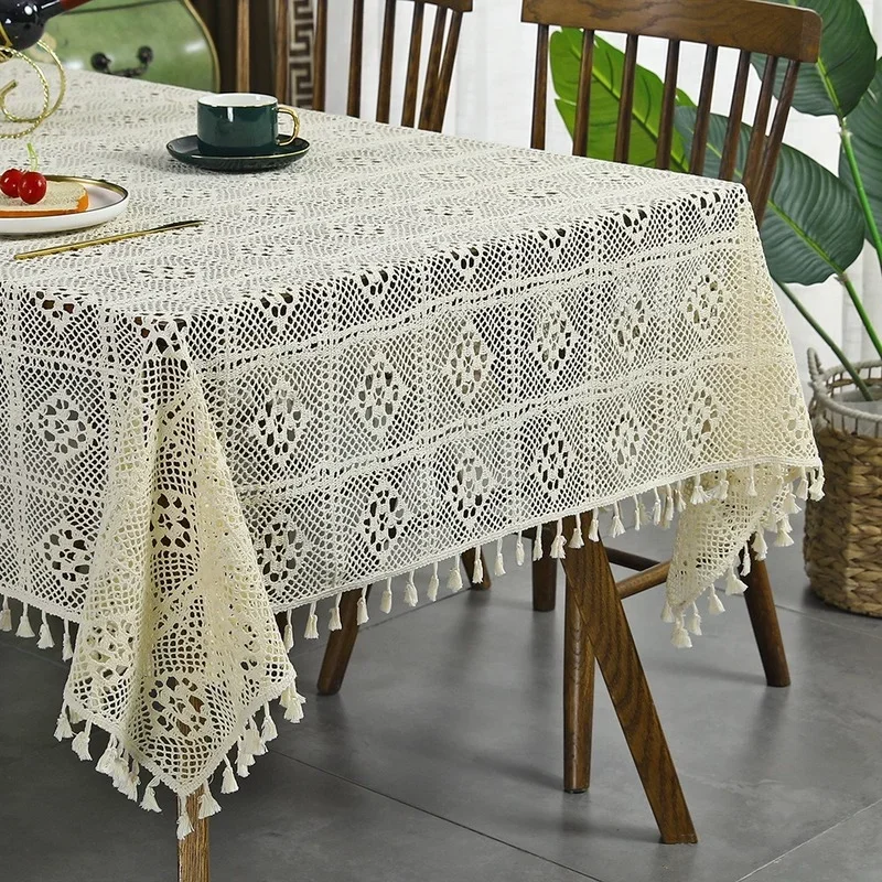 Table Cloth Hollow Lace Super Elegant Wooden Tablecloth For Table Cover Tassel Nordic Pastoral Crochet Dining Napkins Dust Cover