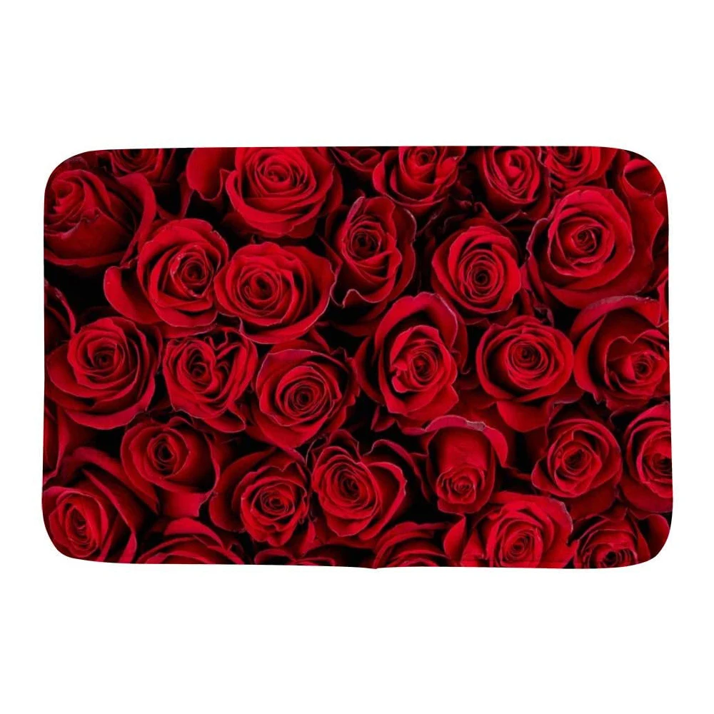 Red Rose Bath Mats Anti-Slip Wine Floral Foot Pad Valentine\'s Day Bedroom Doormat Kitchen Pastoral Flower Carpet Floor Rug Home