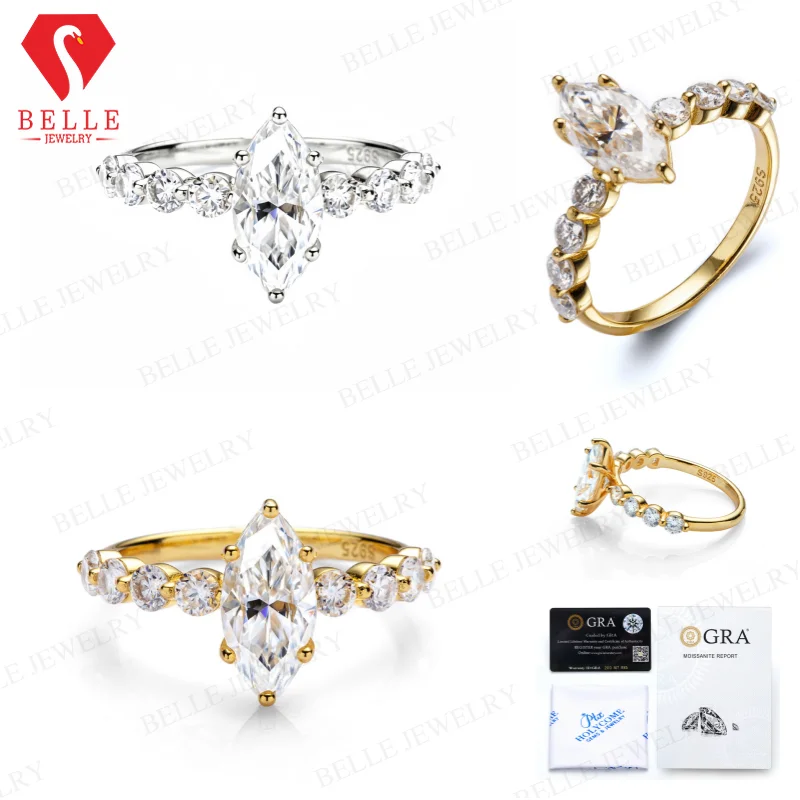 Moissanite Rings 2ct Marquise GRA  D VVS1 925 Sterling Silver Hypoallergenic Ideal Gift Engagement Anniversary Ring for Ladies