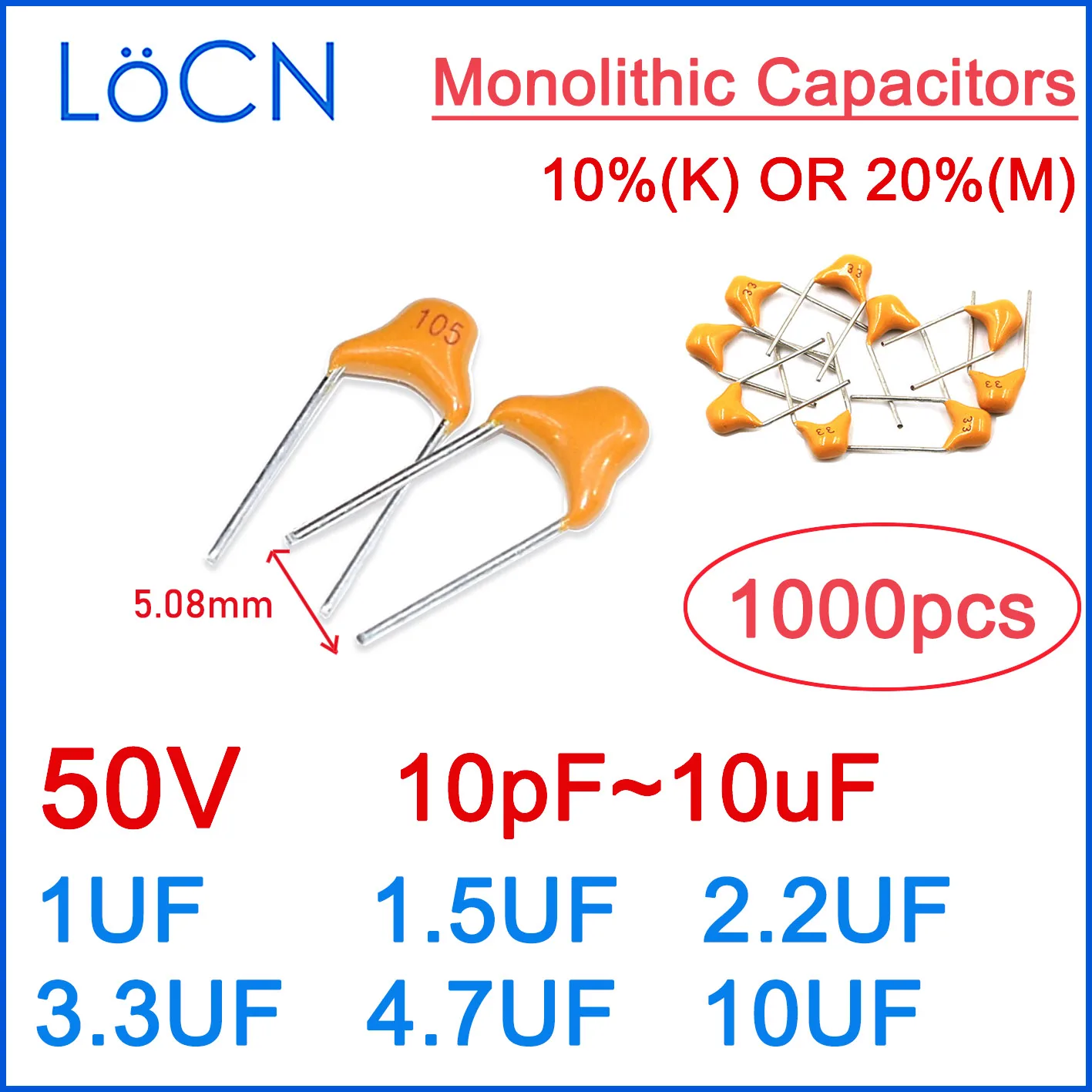 Condensador cerámico monolítico MLCC CT4 5,08 MM 50V 10%(K) 20%(M) 1UF 1,5UF 2,2UF 3,3UF 4,7UF 10UF LoCN 1000 Uds