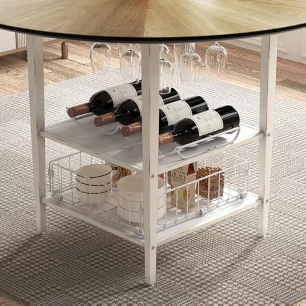 47 Inch Round Dining Table Set, Modern Wood Dining Table with Double Storage Rack, 2 Person Dining Table and Chair Set for Kitc