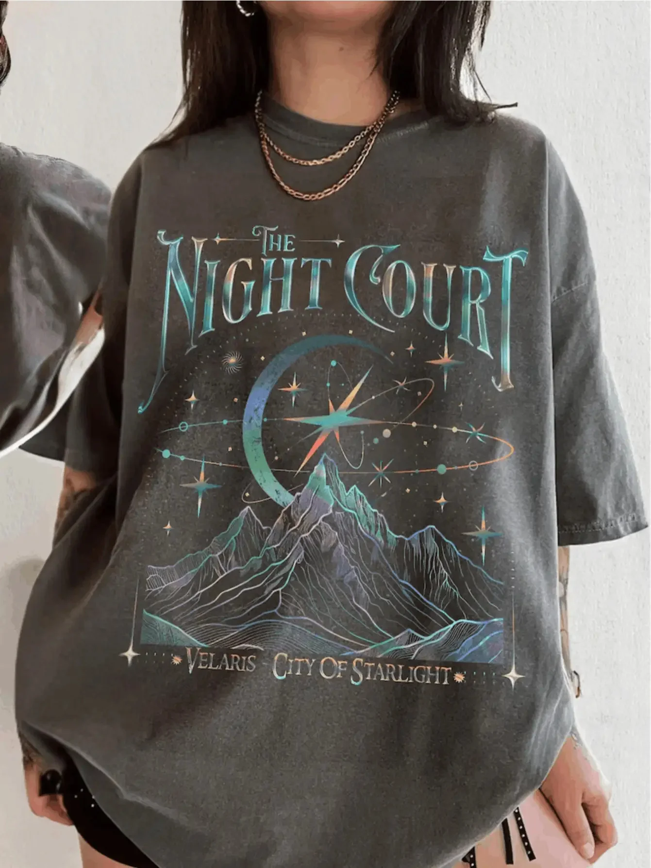Velaris Night Courtyard Akota T-Shirt A Unisex Heavy-Duty Fantasy Themed Shirt Showcasing Designs of A Starry Sky