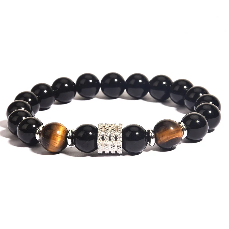 European and American Trend Stainless Steel Tiger Eye Stone Round Bead Single Ring Domineering Men's Bracelet for Boyfriend Gift