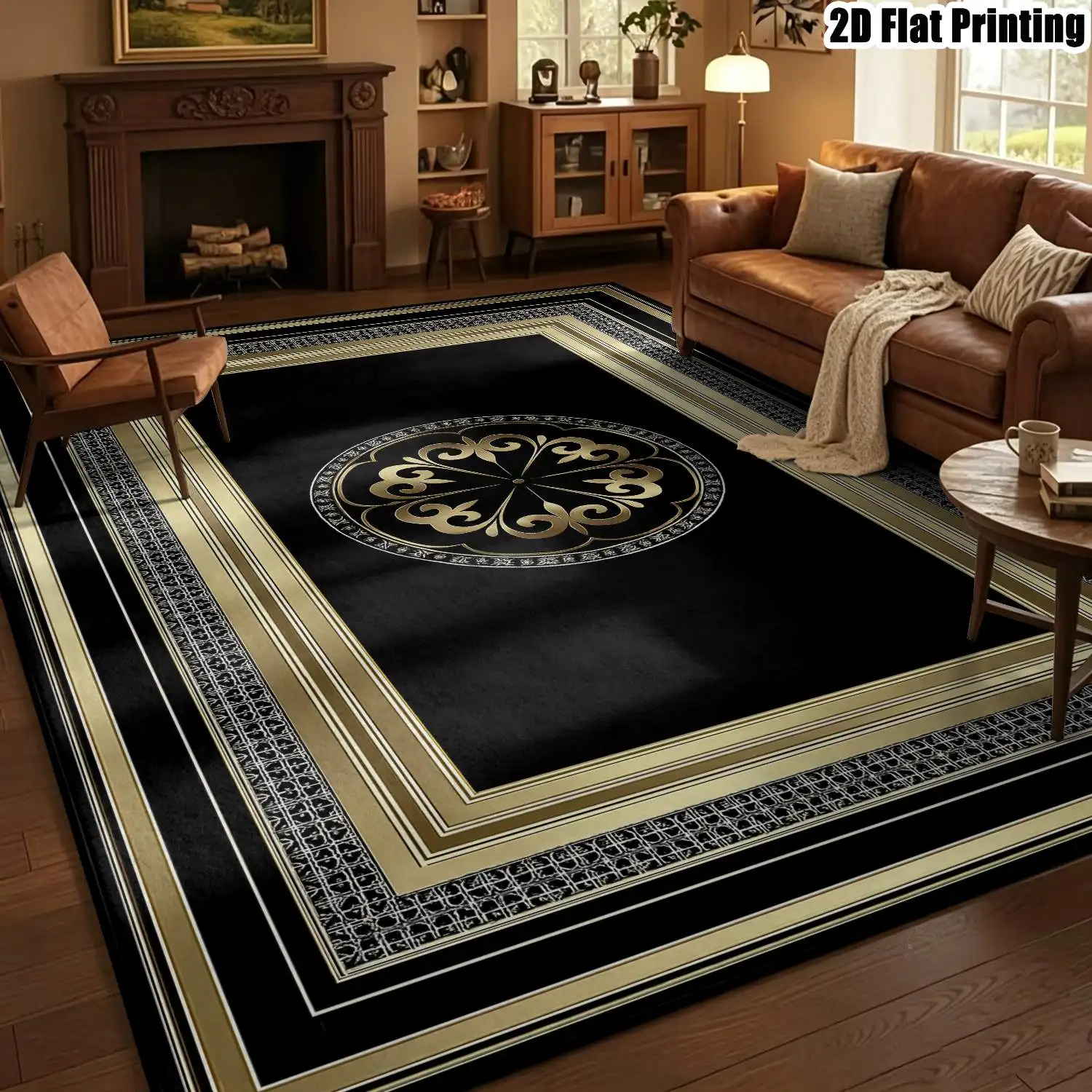 1Pc 2D Printed Carpet: Black & Gold Patterns, Vintage/European/Modern Minimalist Geometric Styles, Multi-Size, Machine Washable, Ideal for Home Decor, Entryway/Living Room/Bedroom/Dining Room/Foyer
