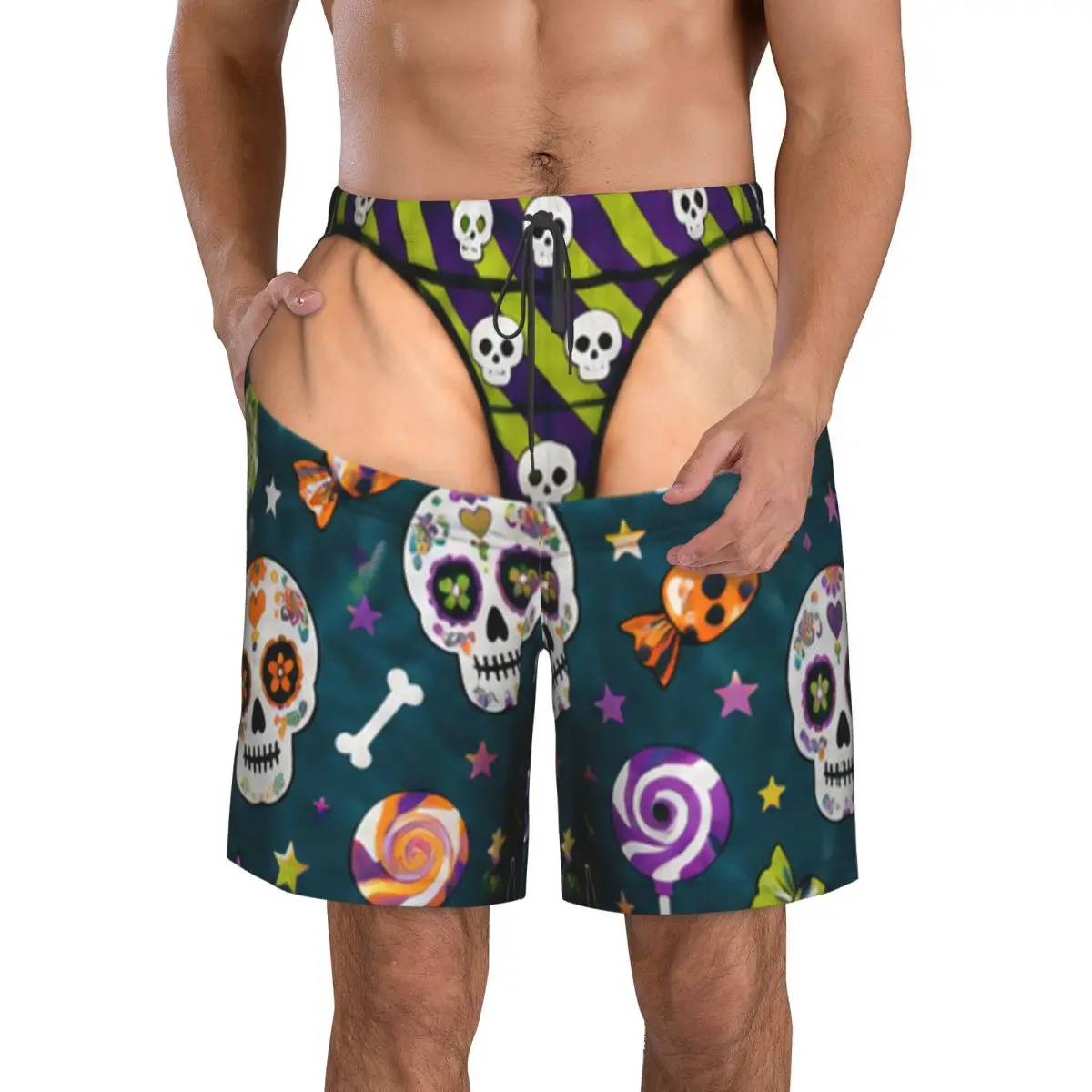 Funny Sexy Halloween Spider Web Spooky Gothic Raven Witchy Zombie Pumpkin Board Shorts For Men Beach Shorts Holiday Swim Trunks