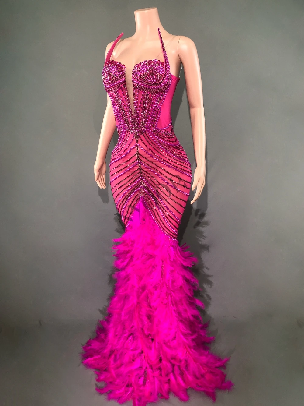 Sparkly Rhinestones Pearls Feathers Long Dress for Women Hot Pink Birthday Celebrate Wedding Evening Prom Dress Photo Shoot Wear