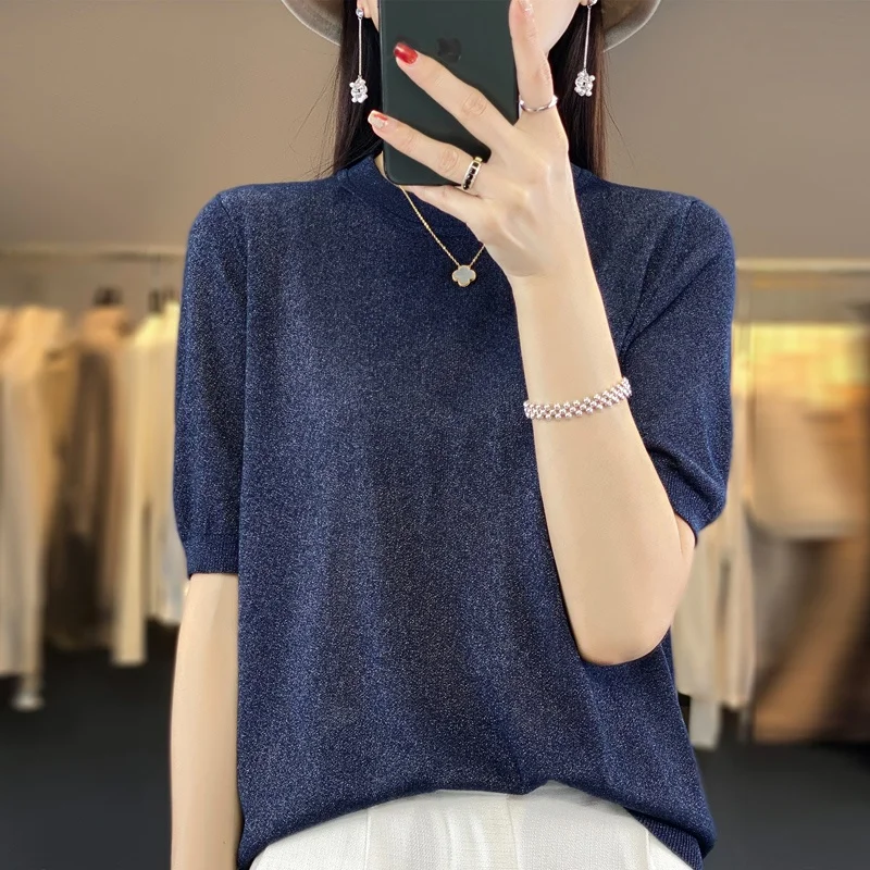 Summer Thin Ice Silk round Neck Short Sleeve Women's T-Shirt Loose Short Bright Thread Half Sleeve Base Shirt Ice Hemp Knitted