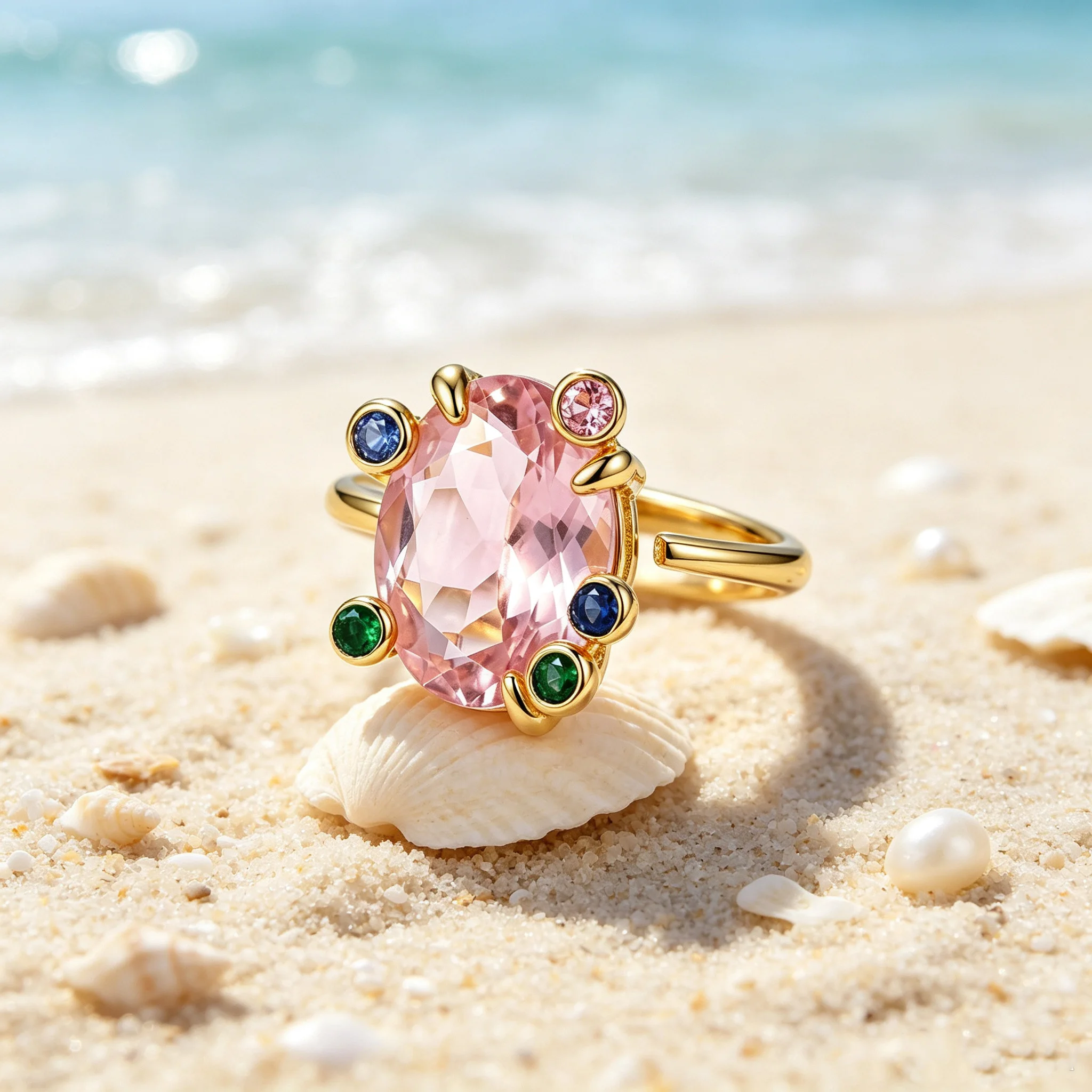 Luxuriöser ovaler Ring mit rosa CZ und mehrfarbigen Edelsteinen, vergoldeter Statement-Cocktailring, eleganter Damenschmuck, Geschenk zum Jahrestag – Detail 2