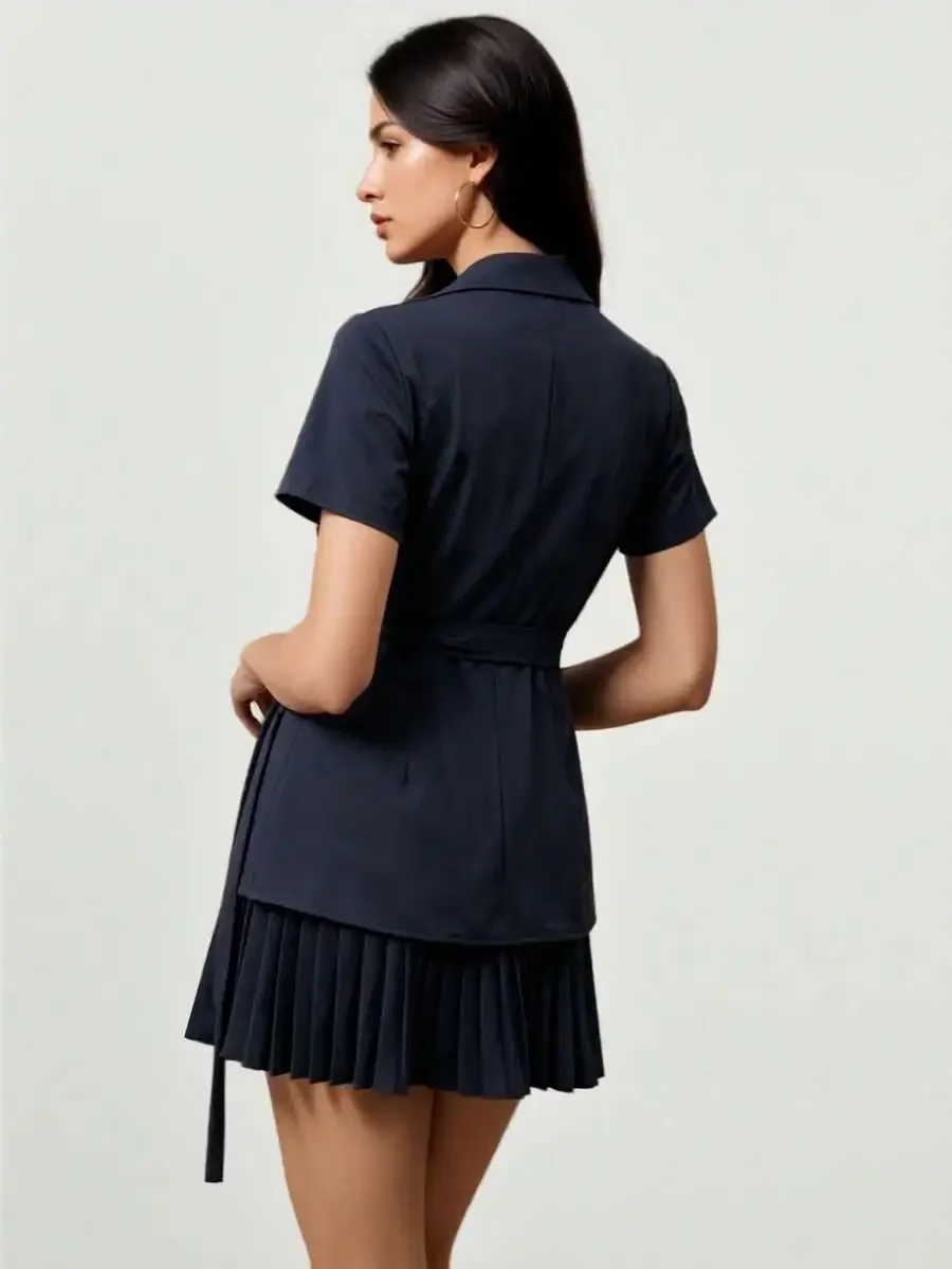 

Women Solid Color Elegant Intellectual Commuting Short Sleeve Blazer Vest Pleated Layered Mini Dress Spring Summer