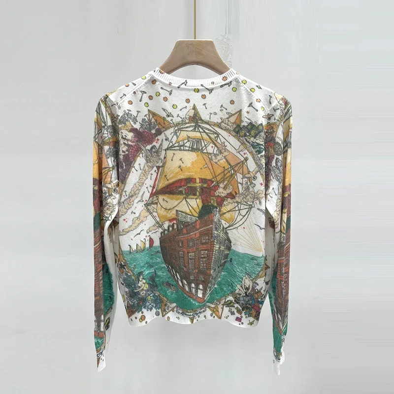 

New Vintage Printed Fashion Sweater Women Autumn O-neck Long Sleeved Casual Loose Wool Knitted Cardigan Knitwear Top