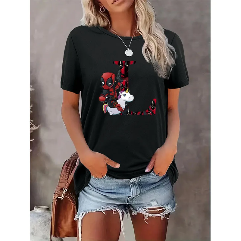 Dead-pool 26 English Alphabet Women\'s T-Shirt Short Sleeve Graphic Harajuku Casual Y2K Woman Clothes Balck Tops Tee Clothing