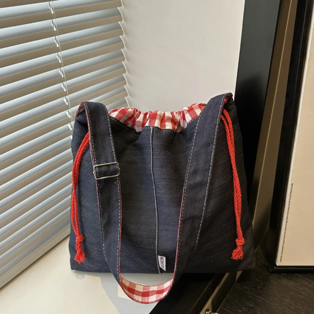 

Vintage Cloth Drawstring Bucket Bag Korean Style Large Capacity Denim Canvas Bag Retro Handbag Tote Bag Women