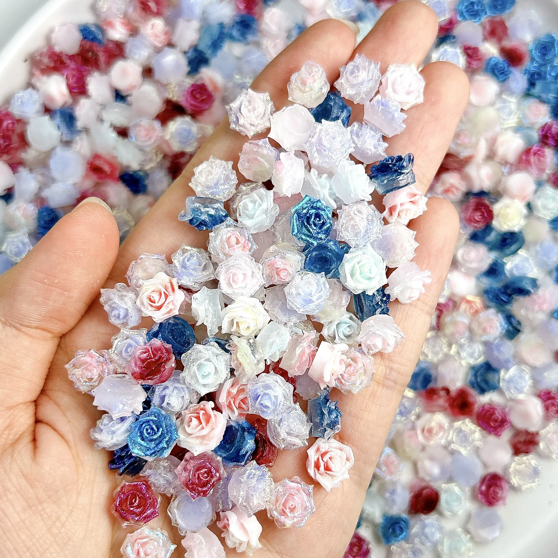 Décorations pour ongles en résine camélia colorée dégradée, simulation douce et lumineuse, fleurs fines scintillantes, pièces pour Nail Art à faire soi-même