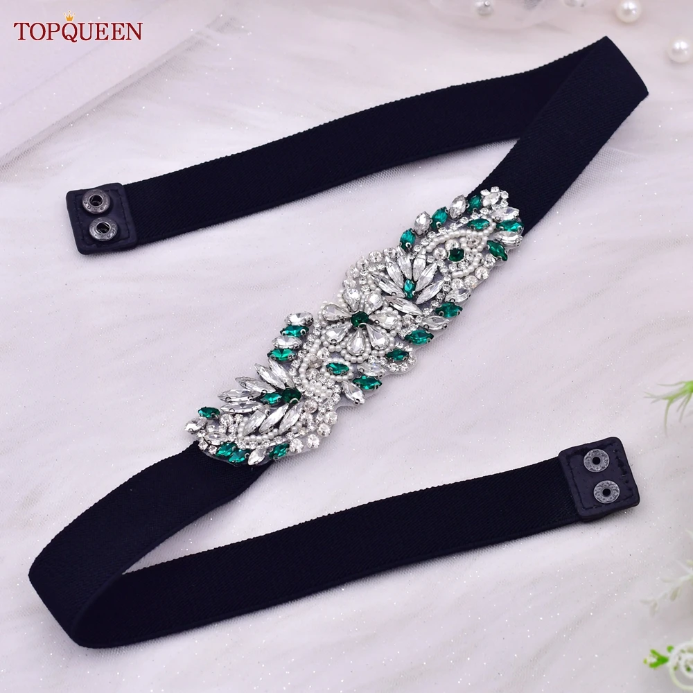 

TOPQUEEN Fashion Women's Elastic Waistband Adult Green Rhinestone Applique Paty Women's Dresses Clothes Belt Decoration S22