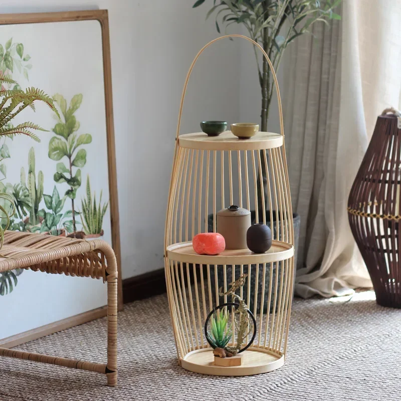 Chinese style bamboo woven shelving, living room, tea room, sample room, villa, floor to ceiling decoration, designer