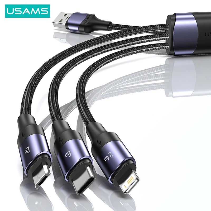 USAMS 100W 6A 3 in 2 Cable USB A To Type C Cable PD Fast Charge USB-C Mirco Cable For iPhone 14 13 12 11 Pro Max Huawei Xiaomi