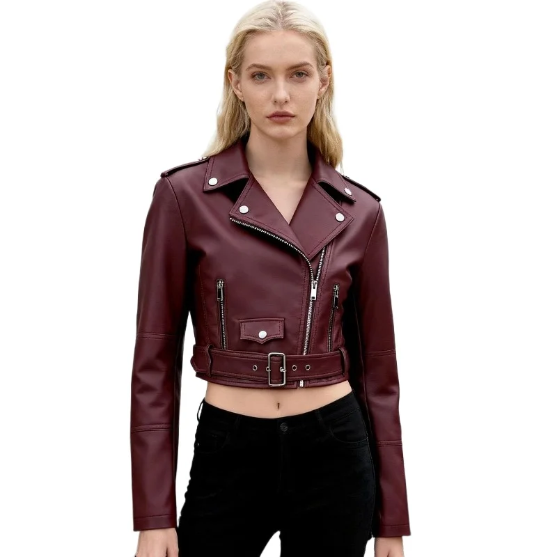 2026 Fashion Spring Autumn Women's PU Leather Jacket Moto&biker Super-short Expose-navel Coat Zip-up Lapel Top Belt Slim Jackets