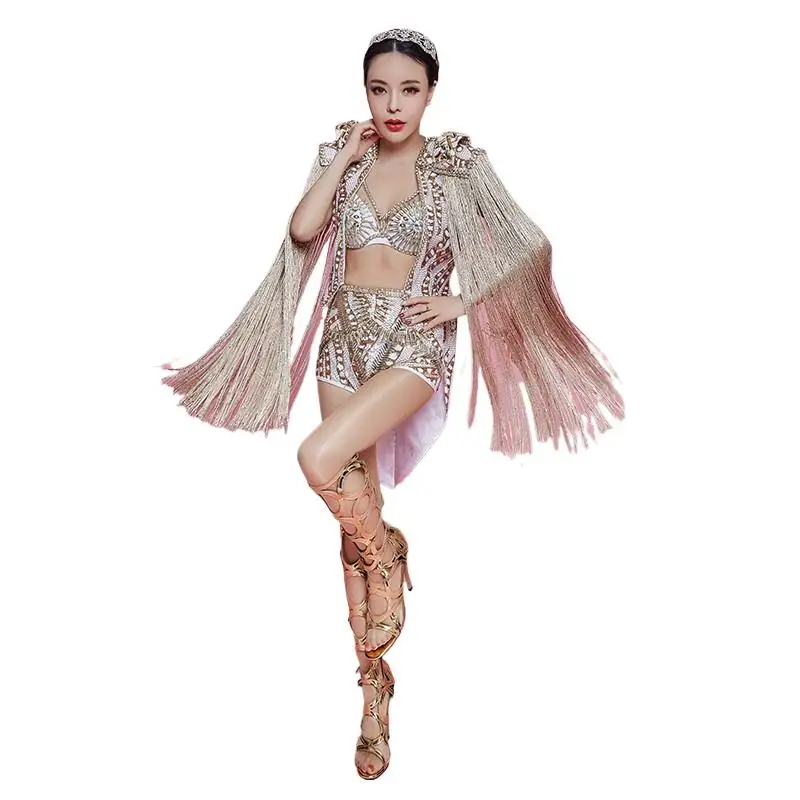 

Golden white Tassels sequins 3 Piece sets Stage Costume Female Bar Singer Dancer Jazz dance wear Birthday party performance wear