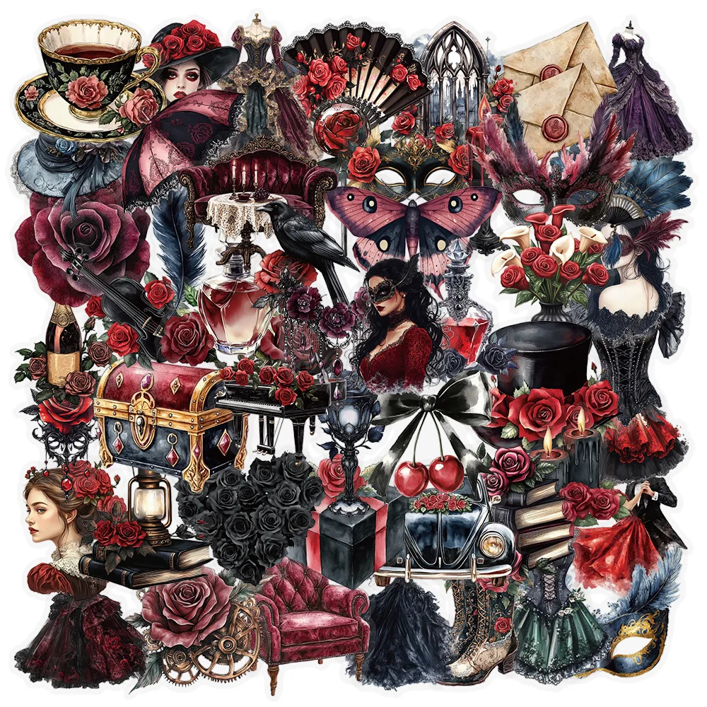 

10/30/50PCS Red Black Goth Mysterious Masquerade Girl Sticker DIY Decoration PVC Waterproof Skateboard Notebook Graffiti Toys