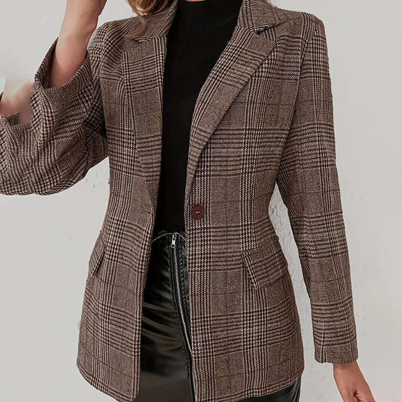 Vintage Plaid Blazer Coat Button Down Lapel Collar Long Sleeve Pockets Slim Fit Office Lady Commute Warm Daily Outerwear Jacket