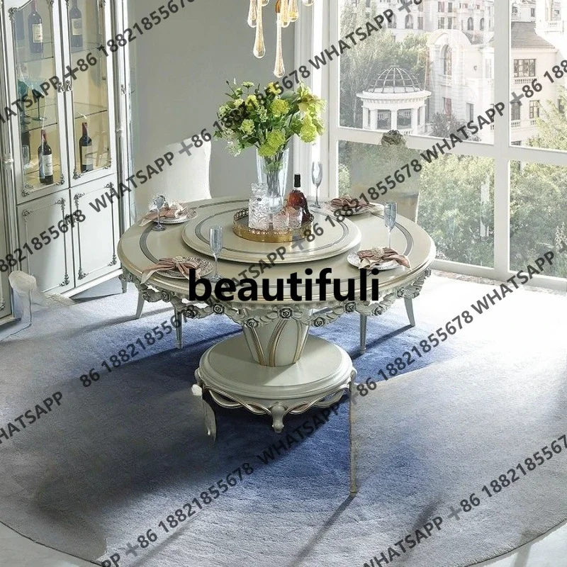 French solid wood turntable round dining table European retro carved dining table and chairs SE4