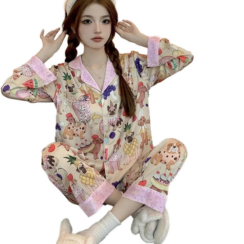 Women\'s New Pajamas Homewear Set Cartoon Graffiti Spring and Summer Ice Silk Thin Section Pajamas Long-Sleeved Girls Homewear