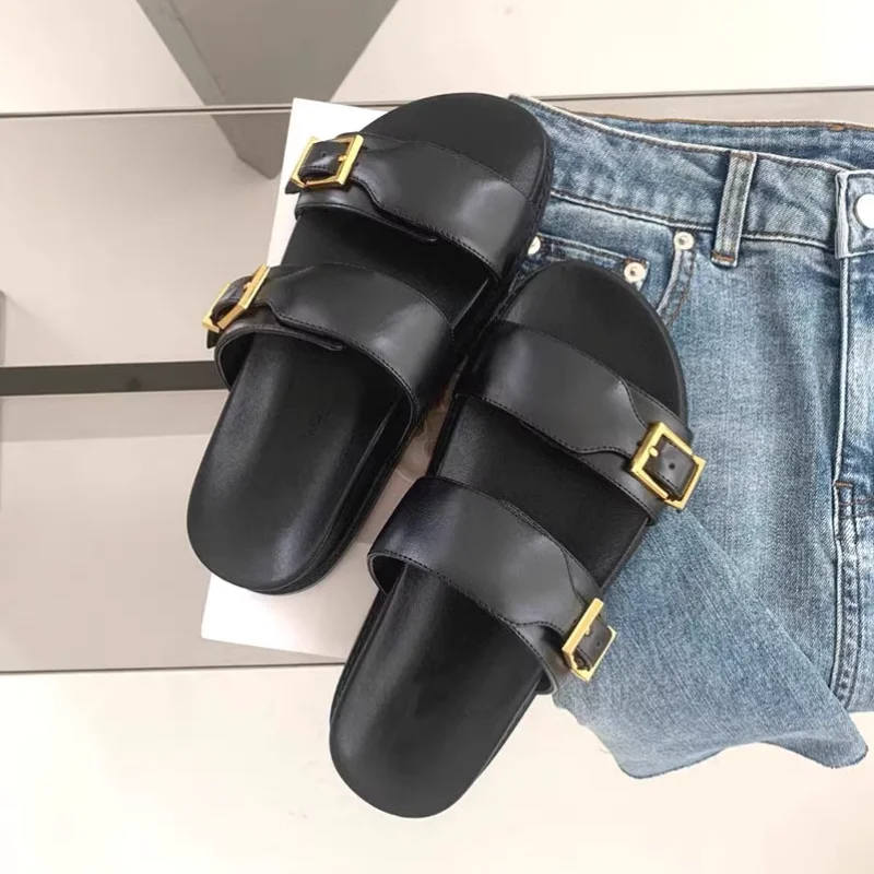 

Новые брендовые женские сандалии на плоской подошве в стиле ретро, модная универсальная повседневная пляжная обувь, повседневная обувь без шнуровки на плоской подошве с металлическими пряжками на толстой подошве
