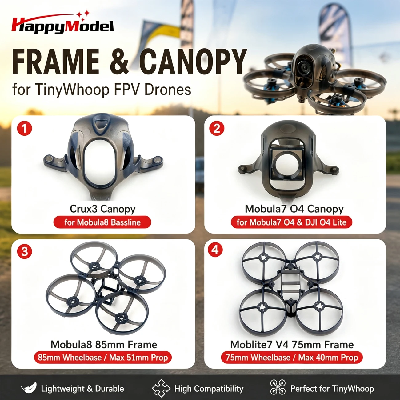 Официальный комплект для модернизации Happymodel для Crux3/Mobula8/Moblite7, регулируемый купол для Caddx Ant и DJI O4 Lite 75 мм/85 мм Whoop.