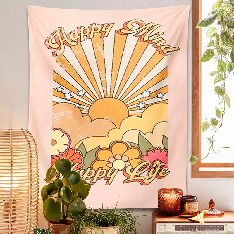 Vintage sun Tapestry Wall Hanging 70s Girl Sunset and Flowers stary happiy mind happiy life Decor Living Room Bedroom Boho Print