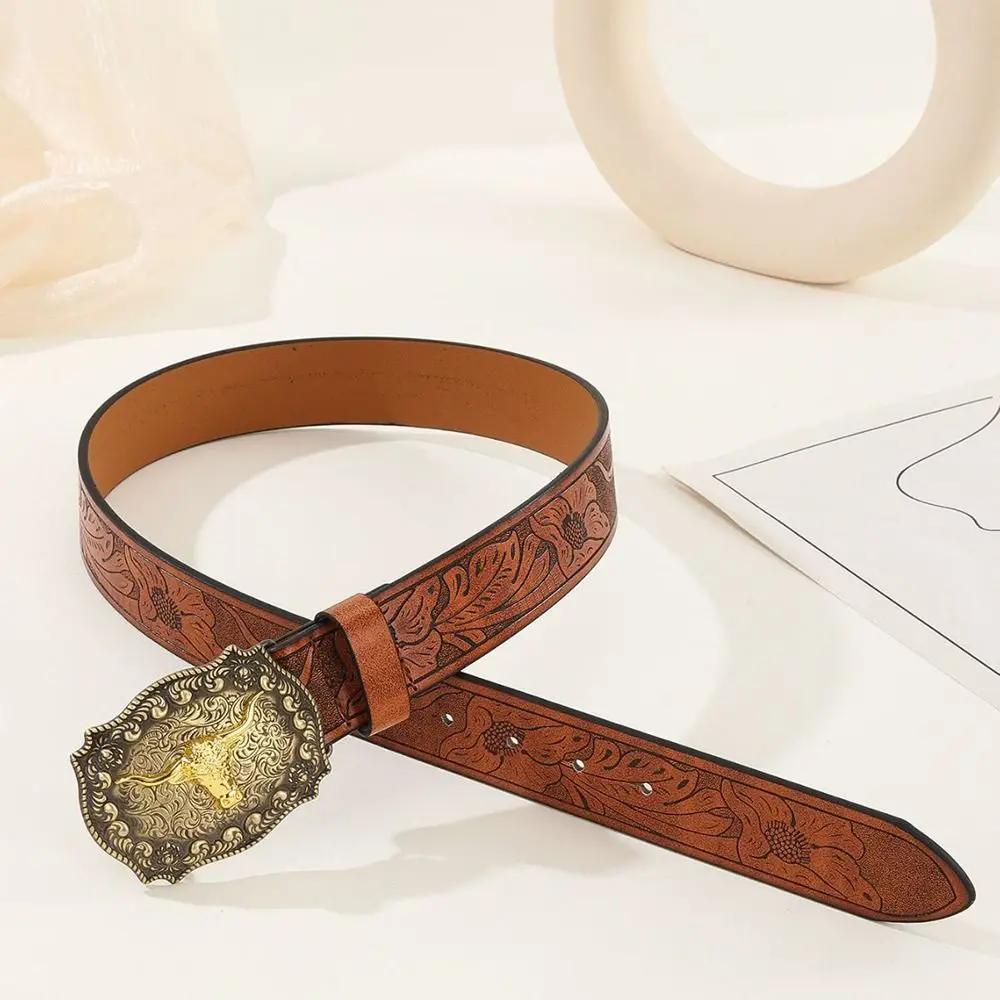 Mens Western Cowboy Belt PU Leather Waist Belt Bull Pattern Vintage Wide Buckle Belt Waistband