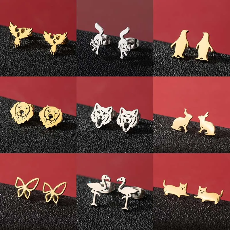 Multiple Animal Stud Earrings for Women Men Vintage Stainless Steel Ear Jewelry Girl Fashion Daily Earring Accessories Wholesale