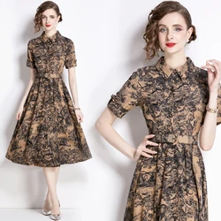 Summer Women's Dress New European-style Vintage Print Animal Jungle Short-sleeved Dress with Belt