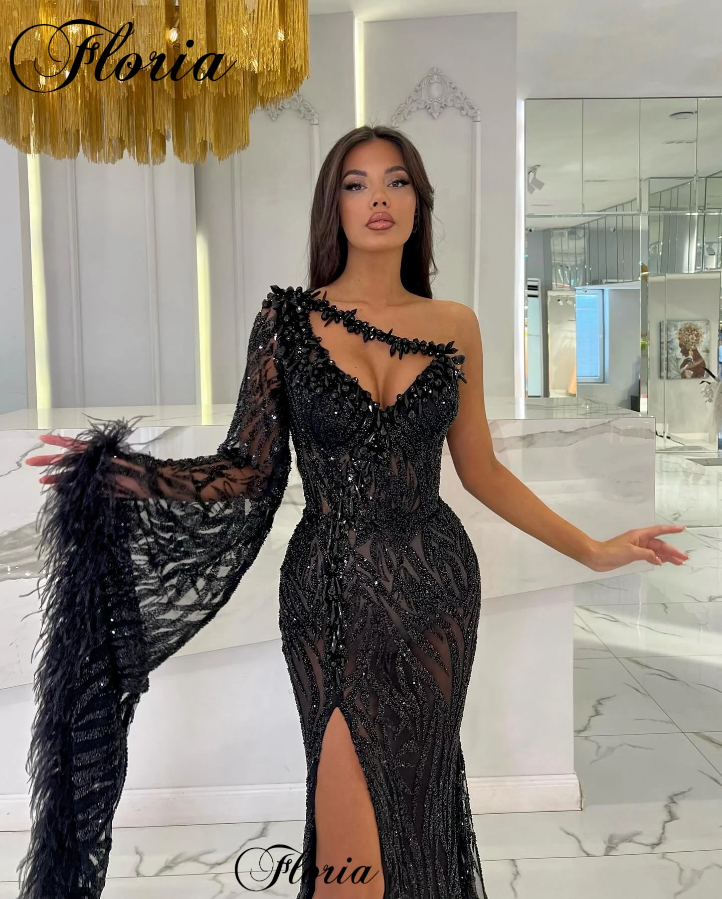 Sexy Designer Black Evening Dresses With Side Slit One Shoulder Illusion Celebrity Dresses Ceremony Dresses Vestidos Para Mujer