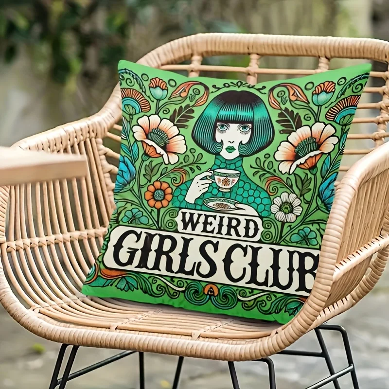 One Pillowcase Featuring The 'Weird Girl Club' with a Festive Design, Equipped with a Hidden Zipper, Suitable for Sofas, Living Rooms, Offices, And Home Decor - Machine Washable (Double-Sided Print, Pillow Insert Not Included)