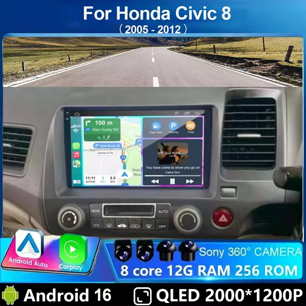 Car Radio Android 16 For Honda Civic 8 FK FN FD 2005 - 2012 RHD Multimedia Player Navigation GPS Carplay Stereo BT Head Unit DSP