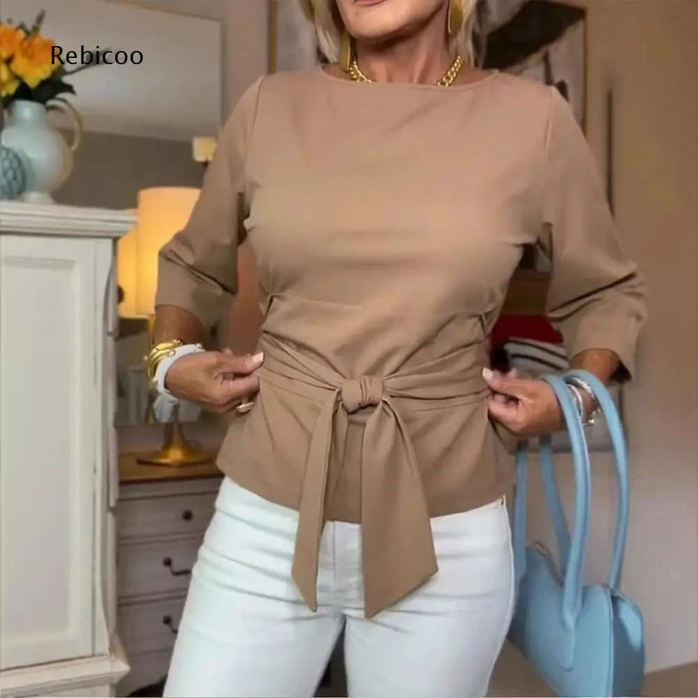 Office Casual Blouse For Women Boat Neck Three Quarter Sleeve Self Tie Waist Knot Solid Tone Fitted Cut Top For Outdoor Leisure