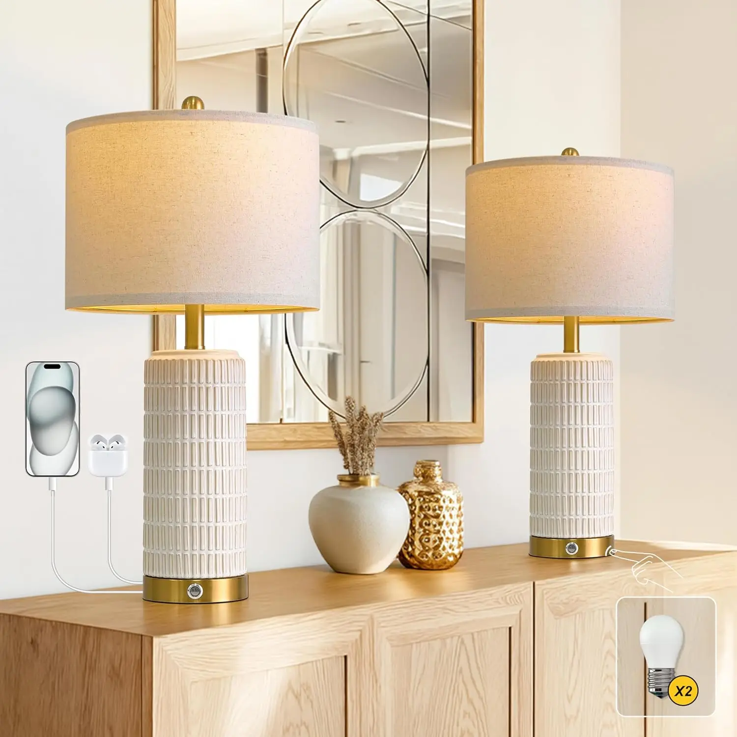 

Dimmable Touch Bedside Lamps with USB A+C Ports, Modern Ceramic Nightstand Lighting for Bedroom Living Room