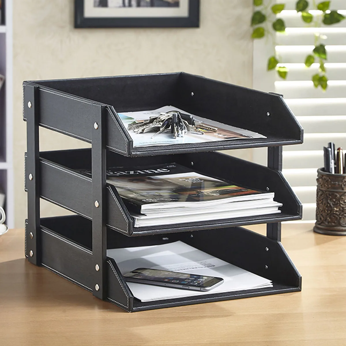 3-Tier Leather Stationery Organizer Storage Boxes Desk Organizer Stand Home Office Storage Drawer Organizer for Documents Tray