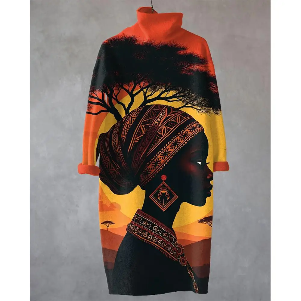 فستان نسائي مطبوع فني أفريقي برقبة عالية وأكمام طويلة فستان ميدي فضفاض أنيق وغير رسمي للحفلات/العطلات #1