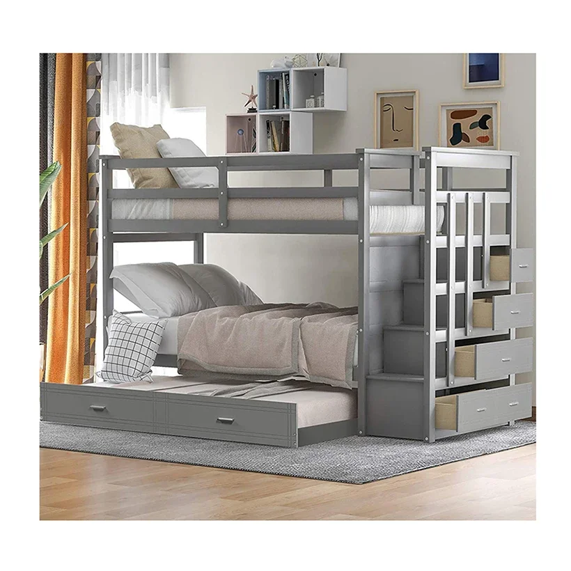 Factory Wholesale Solid Wood Trundle Bed Kids Twin Bunk Beds with Storage