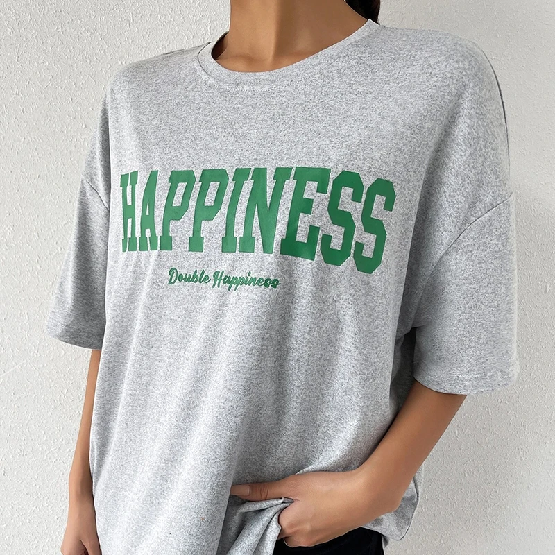 kuakuayu HJN Happiness Slogan T Shirt Summer Women Fashion Cotton Casual Tshirt Grunge Aesthetic Streetwear Top Cute Graphic Tee