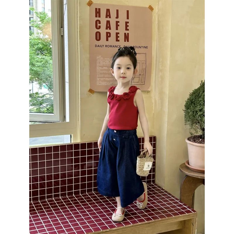 

2025Summer New Girls' Flower Vest+Denim9Pants Two-Piece Set for Baby Girls Western Style Suit