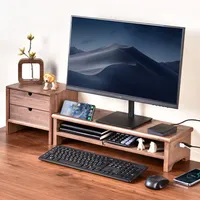 Desktop Monitor Riser Office Computer Stand with USB Extension Solid Wood Drawer Organizer Multi Function Desk Storage Frame