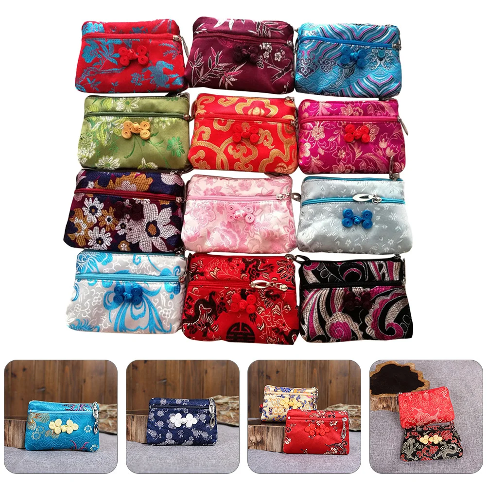 

4Pcs Silk Purse Chinese Style Zipper Coin Bag Fine Workmanship Sturdy Durable Beautiful Color Luster Decorative Family Party Use