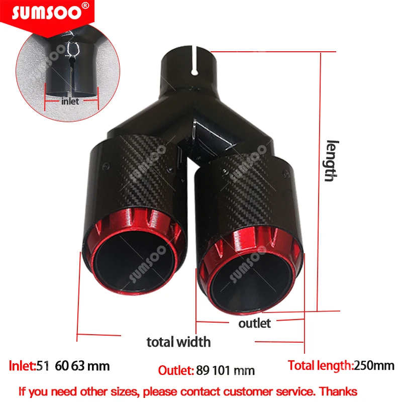 1PCS Ytype Double Exit Exhaust Pipe Carbon Fiber Nozzle for Muffler Tuning Car Universal for Car Exhaust Tip Stainless Red