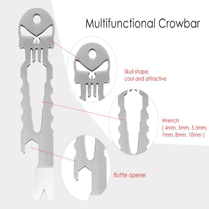 Skull Multi-function Combination Tool Crowbar EDC Pocket Tool Allen Wrench with Nail Bottle Opener Key Hanging Hole