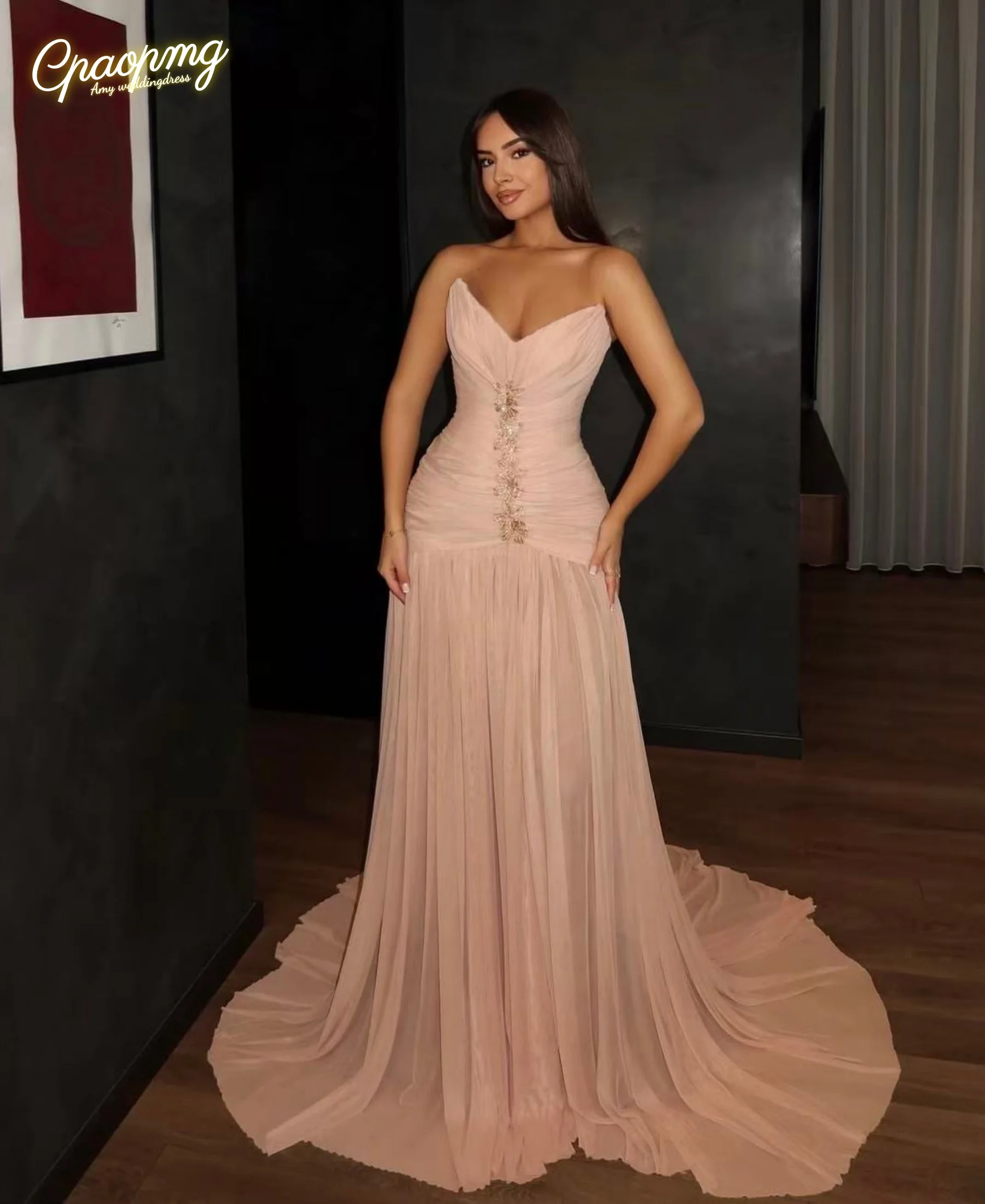 

Customized Elegant Light Pink Chiffon Evening Dresses Sweetheart Appliques Crystals Pleats Prom Gowns