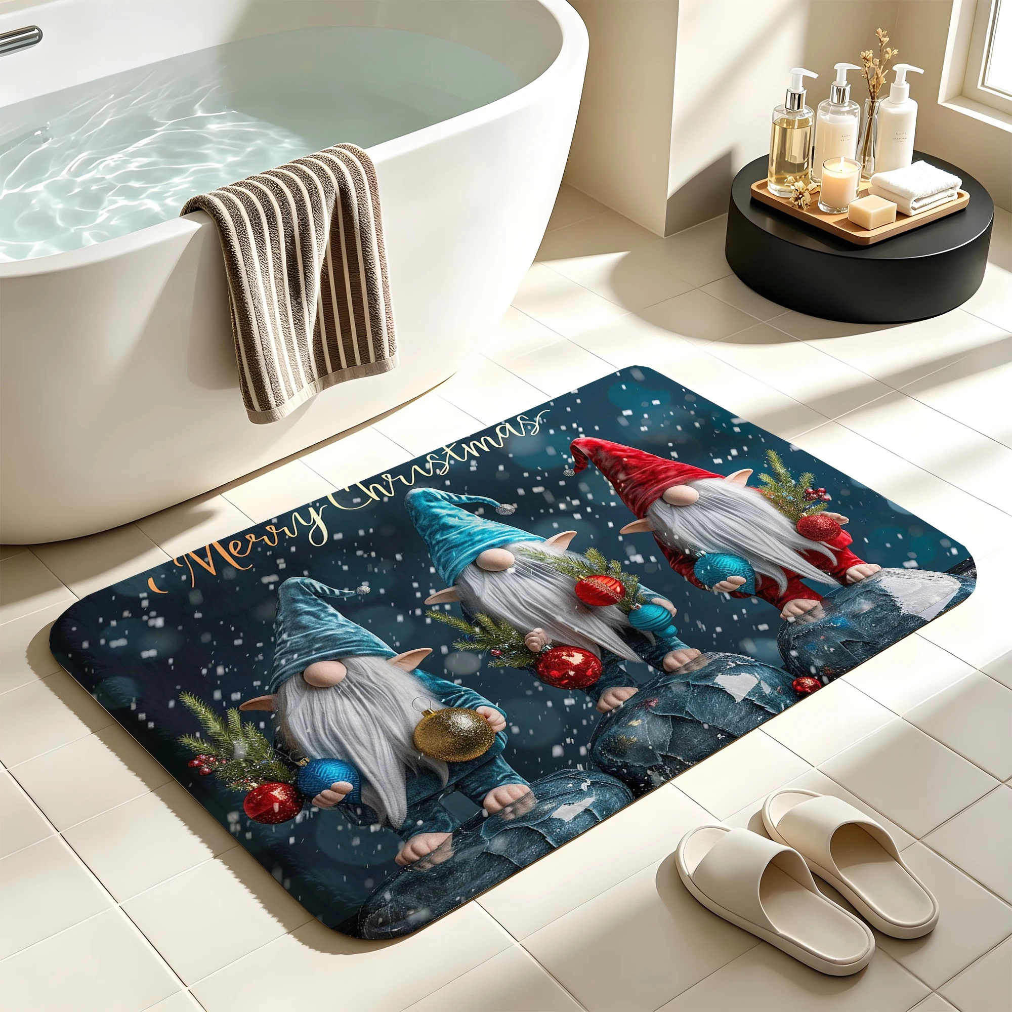 Snowy 3D Christmas Gnome Ornament Print Plush Absorbent Sponge Mat,Bathroom Non‑Slip Mat & Decorative Door Mat